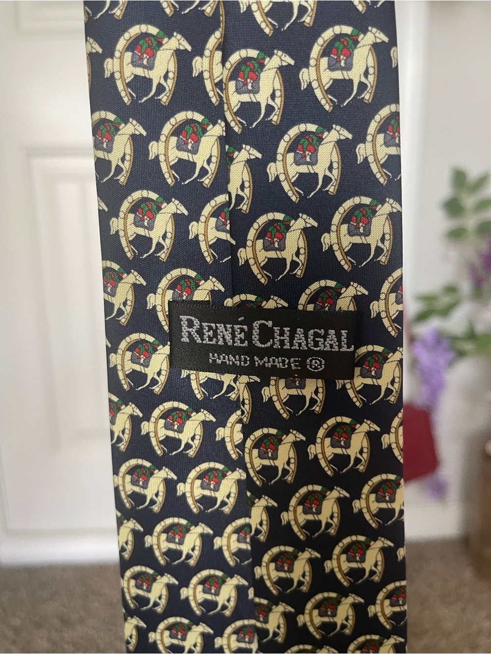 Rene Chagal Navy Horse & Horseshoe Hand Made Silk Men’s Tie - Picture 4 of 6